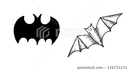 Vector black bats halloween. Hand painted linear illustration. Graphic monochrome art for tattoo, for halloween, horror. Isolated on background. For designers, The day of the Dead 116731233