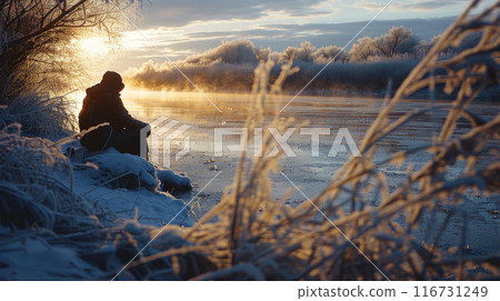 Fisherman holds a fishing rod in his hands. Winter fishing on the lake or river. Beautiful winter snowy landscape Fisherman holds a fishing rod in his hands. Winter fishing on the lake or river. Beautiful winter snowy landscape 116731249