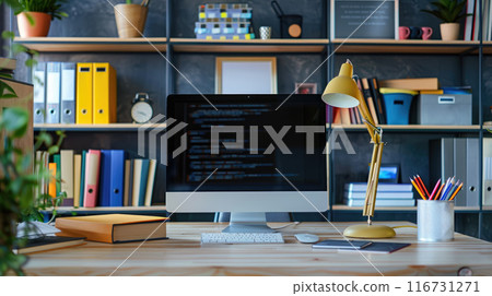 Organized workplace with computer, books, desk lamp and office supplies. Modern office desk with desktop computer 116731271