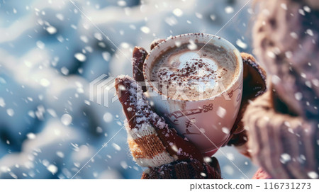 Hands in mittens holding a mug of hot chocolate in a snowy landscape. 116731273