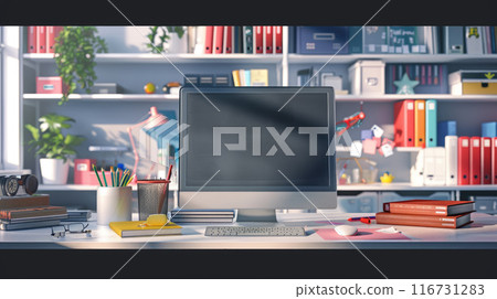 Organized workplace with computer, books, desk lamp and office supplies. Modern office desk with desktop computer 116731283