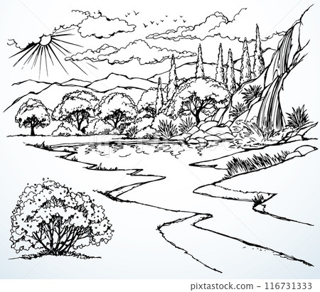 Vector drawing. River in the valley 116731333