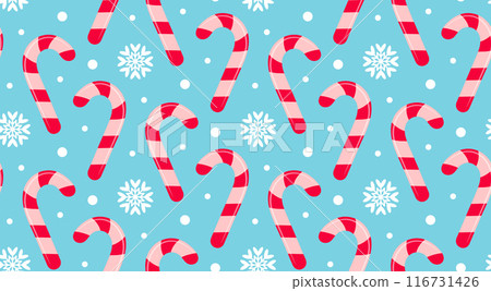 Christmas candy cane caramel and snowflakes seamless pattern. Holiday traditional peppermint backdrop. Christmas candy cane caramel and snowflakes seamless pattern. Holiday traditional peppermint backdrop. 116731426