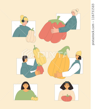 People with pumpkins set. Autumn ripe vegetables harvest characters. Neighbors seasonal event. Vector line illustration People with pumpkins set. Autumn ripe vegetables harvest characters. Neighbors seasonal event. Vector line illustration 116731583
