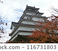 View of the castle tower from below under a clear autumn sky 116731803