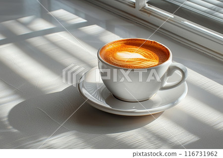 White coffee cup with a heart shaped swirl of foam on top on table. Sun is shining through the window, casting a warm glow 116731962