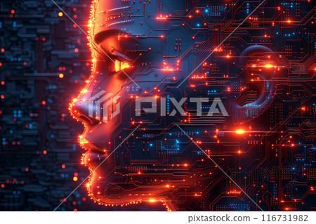 Woman's face is made of computer chips and glowing lights. Concept of technology and artificial intelligence, as well as a futuristic or sci-fi vibe 116731982