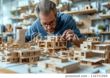 Elderly man is working on a model of a city 116731989