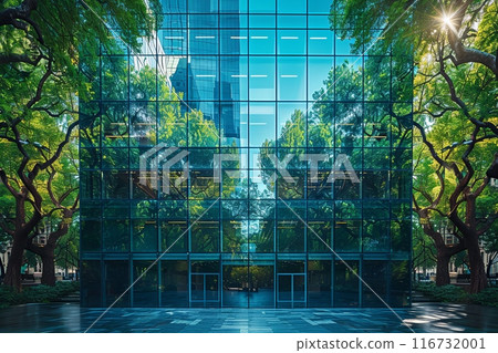 Large modern glass building, surrounded by trees and has a lot of glass windows, reflect the sunlight, creating a bright and sunny atmosphere Large modern glass building, surrounded by trees and has a lot of glass windows, reflect the sunlight, creating a bright and sunny atmosphere 116732001
