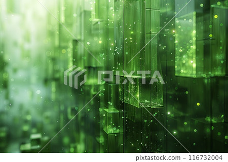Green background with a lot of green cubes. The cubes are all different sizes and are scattered throughout the background. Scene is one of chaos and disorganization 116732004