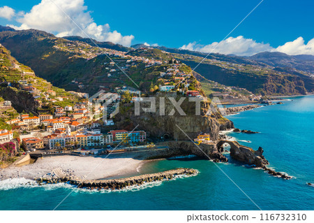 Panoramic view of the small village of Ponta do Sol, near Funchal. Madeira Island, Portugal 116732310