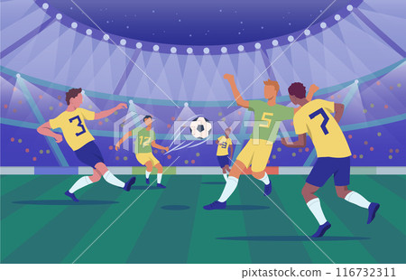 Cartoon Color Soccer Stadium with Characters Players Football Match Teams Competition Concept Flat Design Style. Vector illustration 116732311