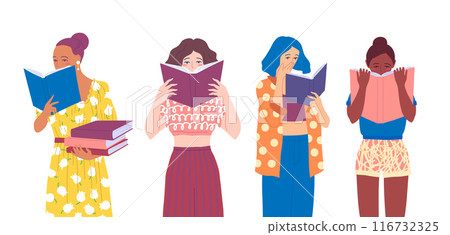 Cartoon Characters Girls That are Reading Set Readers Concept Flat Design Style . Vector illustration of Women Holding Books 116732325