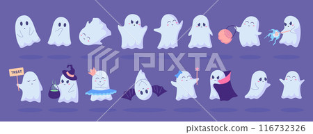 Cartoon Color Characters Ghosts Flying Phantoms Set Halloween Autumn Holiday Concept Flat Design Style. Vector illustration 116732326