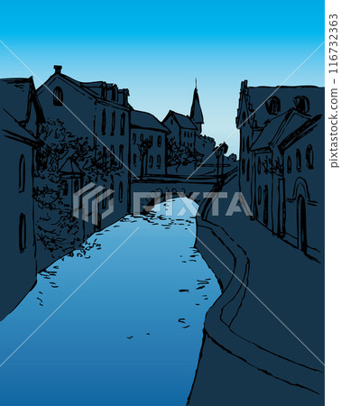 Vector sketch of the narrow medieval street with bridge over the canal Vector sketch of the narrow medieval street with bridge over the canal 116732363