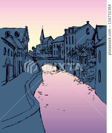 Vector sketch of the narrow medieval street with bridge over the canal Vector sketch of the narrow medieval street with bridge over the canal 116732364
