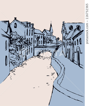 Vector sketch of the narrow medieval street with bridge over the canal 116732365