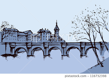 Cityscape with bridge over river. Vector drawing Cityscape with bridge over river. Vector drawing 116732398
