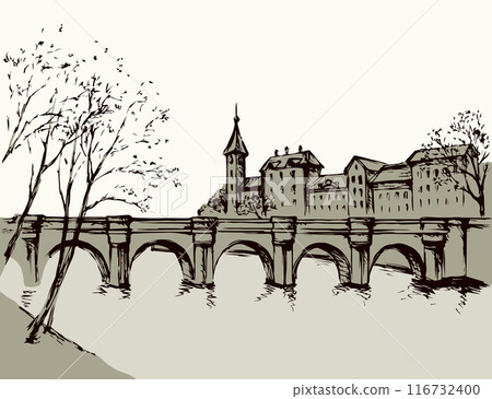 Cityscape with bridge over river. Vector drawing Cityscape with bridge over river. Vector drawing 116732400