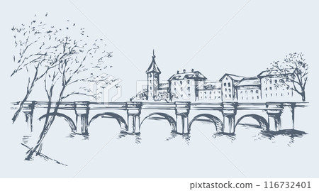 Cityscape with bridge over river. Vector drawing Cityscape with bridge over river. Vector drawing 116732401