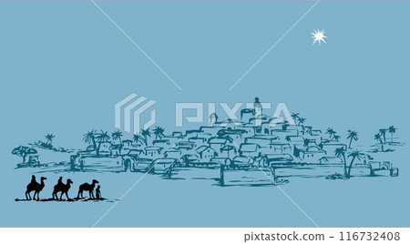 Magi go to Bethlehem. Vector drawing 116732408
