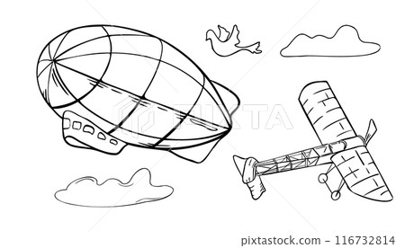 Monochrome set retro airships black and white vector illustration isolated. Airplane and aerostat ink silhouette hand drawn. Air transport and clouds in contour. Simple cartoon transport coloring Monochrome set retro airships black and white vector illustration isolated. Airplane and aerostat ink silhouette hand drawn. Air transport and clouds in contour. Simple cartoon transport coloring 116732814