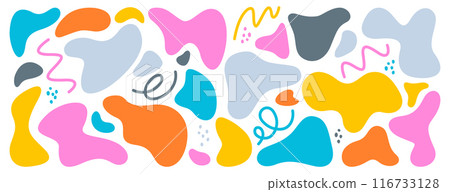 Collection of liquid organic blob shape, irregular abstract blotch, freeform amoeba spots and line 116733128
