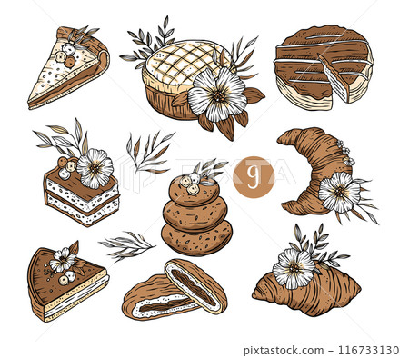 Bakery vintage vector icon set with croissant cookies cake piece of pie 116733130