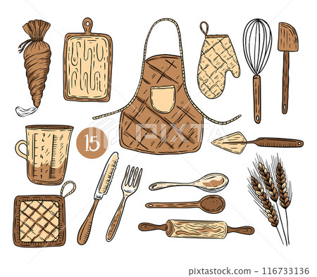 Vintage vector retro set illustration kitchen utensils apron gloves spoons forks measuring cup oven mitt wheat rolling pin cutting board spatula 116733136