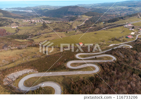 Aerial view of the road to the El Soplao cave, in Cantabria, Spain. 116733206