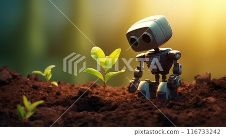 cute amazed robot is observing plants in nature 116733242