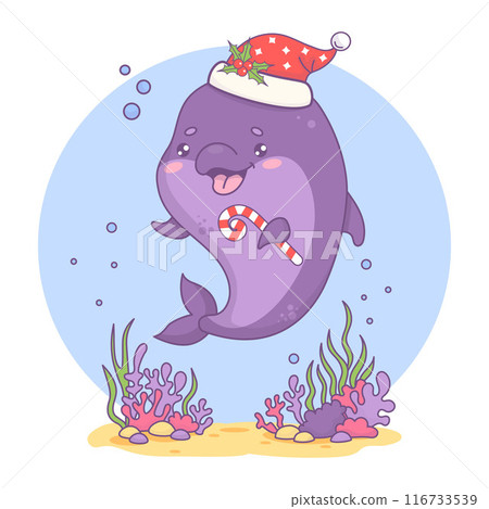 Cute Christmas dolphin in Santa hat with striped caramel stick. Underwater world and holiday cartoon kawaii character animal. Vector illustration. Kids collection. 116733539