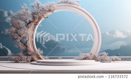 White Platform With Floral Accents and Mountain View. Generative AI 116733572