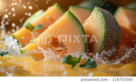 Cantaloupe Slices Splashing in Water. Generative AI 116733580