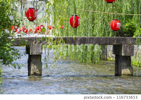 Scenery of Umemiya Bridge and willow trees lined the Shirakawa River in Higashiyama Ward, Kyoto City Scenery of Umemiya Bridge and willow trees lined the Shirakawa River in Higashiyama Ward, Kyoto City 116733653