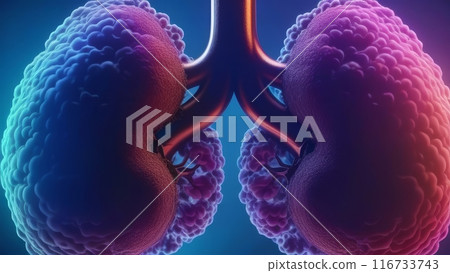 Close-up of detailed human kidneys in colorful lighting. Close-up of detailed human kidneys in colorful lighting. 116733743