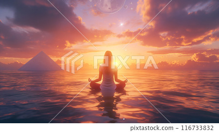 Woman Meditating at Sunset. Generative AI 116733832