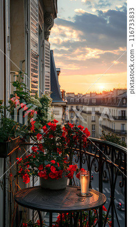 Parisian Balcony Sunset. Generative AI 116733833