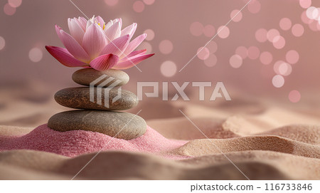 Zen Stones and Lotus Flower on Pink Sand. Generative AI 116733846