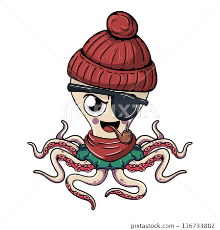 A mischievous cartoon octopus pirate with a beanie, eyepatch, and a pipe, sporting a playful grin. Illustration for fantasy, science fiction and adventure comics A mischievous cartoon octopus pirate with a beanie, eyepatch, and a pipe, sporting a playful grin. Illustration for fantasy, science fiction and adventure comics 116733882