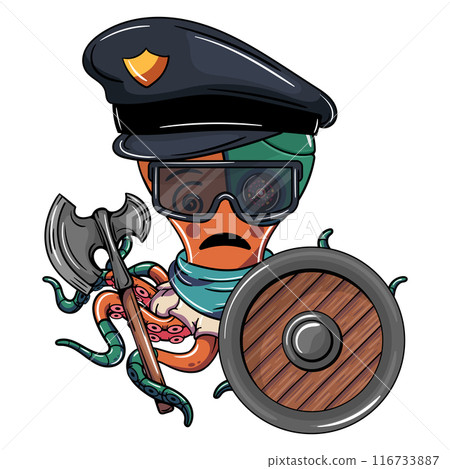 Cartoon octopus police officer with a cyborg eye, wearing a cap and scarf, wields an axe and shield with a determined expression. Illustration for fantasy, science fiction and adventure comics Cartoon octopus police officer with a cyborg eye, wearing a cap and scarf, wields an axe and shield with a determined expression. Illustration for fantasy, science fiction and adventure comics 116733887