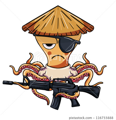 Cartoon octopus wearing a conical hat and eye patch pirate, holding an assault rifle with a serious expression. Illustration for fantasy, science fiction and adventure comics Cartoon octopus wearing a conical hat and eye patch pirate, holding an assault rifle with a serious expression. Illustration for fantasy, science fiction and adventure comics 116733888