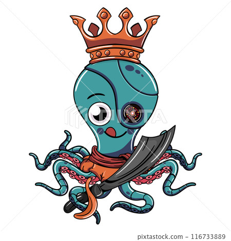 A cute cartoon octopus cyborg with a crown, pirate scarf, and a cyborg eye, holding a sword. Illustration for fantasy, science fiction and adventure comics 116733889