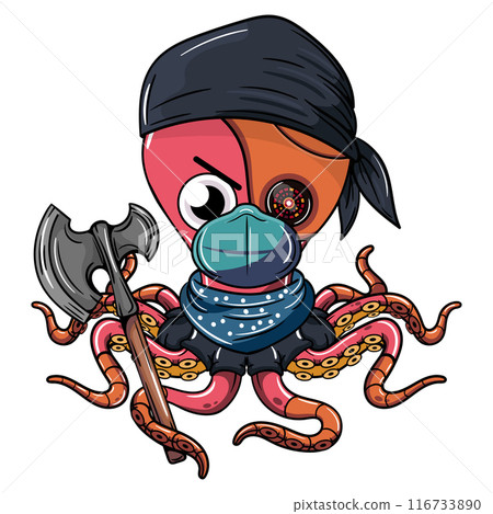 Cartoon octopus pirate with a cyborg eye, wearing a mask and bandana, wields an axe with a menacing grin. Illustration for fantasy, science fiction and adventure comics 116733890