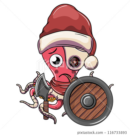 A sad cartoon octopus with a Santa hat and a cyborg eye, holding an axe and a shield. Illustration for fantasy, science fiction and adventure comics 116733893
