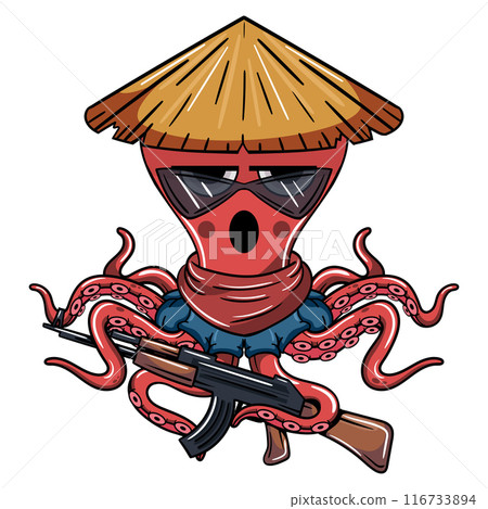 Cartoon octopus wearing a conical hat and sunglasses, holding an assault rifle with a fierce expression. Illustration for fantasy, science fiction and adventure comics 116733894