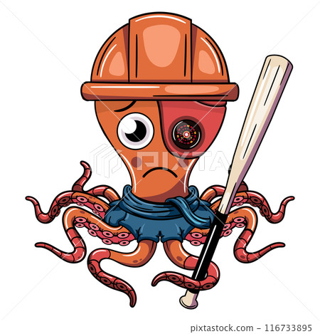 A cartoon sad octopus wearing a construction helmet and a bandana, with a cyborg eye and a baseball bat. Illustration for fantasy, science fiction and adventure comics 116733895