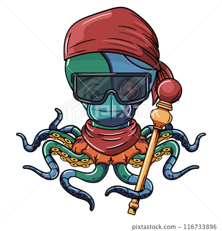 Cartoon cyborg octopus pirate with a bandana, sunglasses, and a golden scepte. Illustration for fantasy, science fiction and adventure comics 116733896