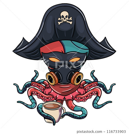 A cartoon octopus cyberg wearing a pirate hat, a mask, and a gas mask, holding a cup of coffee. Illustration for fantasy, science fiction and adventure comics 116733903