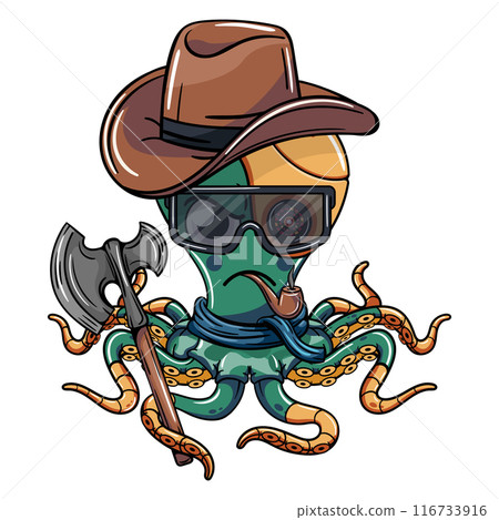 Cartoon cyborg octopus cowboy with a hat, sunglasses, and a pipe, holding an axe. Illustration for fantasy, science fiction and adventure comics 116733916